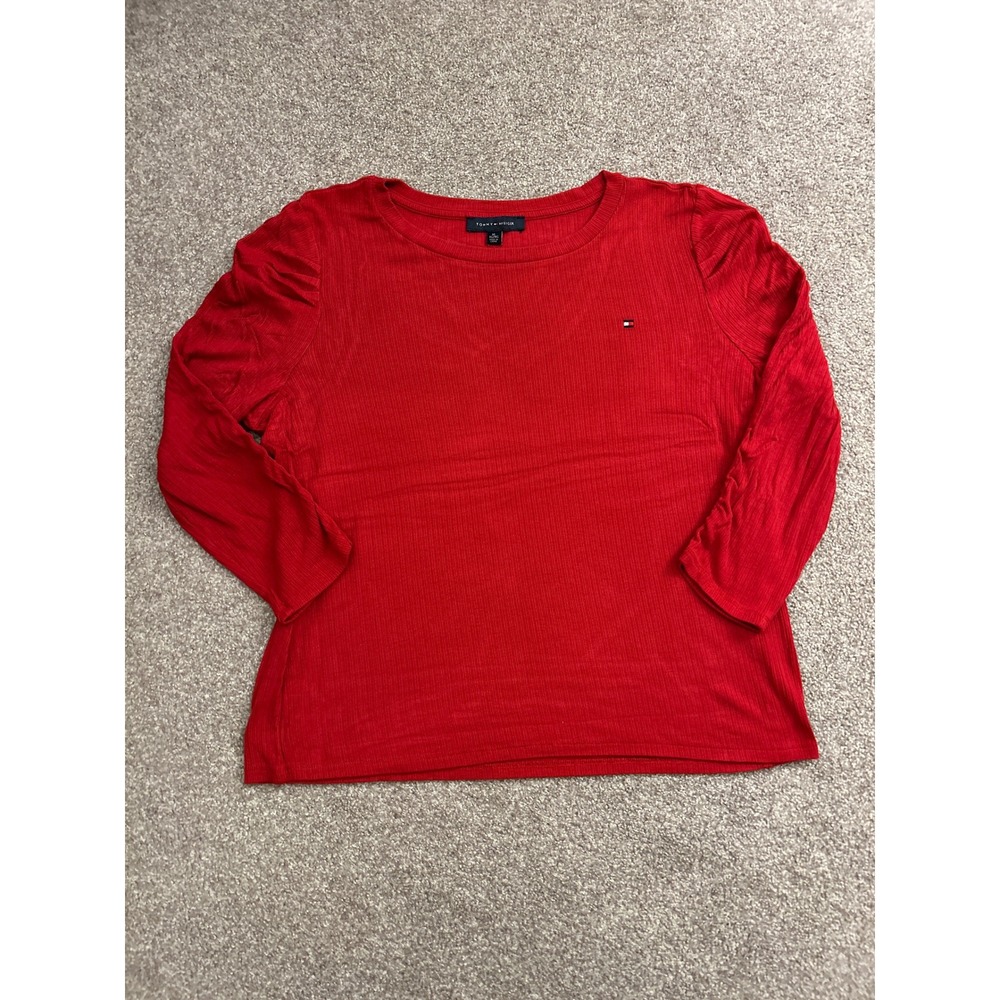 Tommy Hilfiger Ribbed Top Women XL Red Excellent Puff Sleeve 3/4 Sleeve Crewneck
